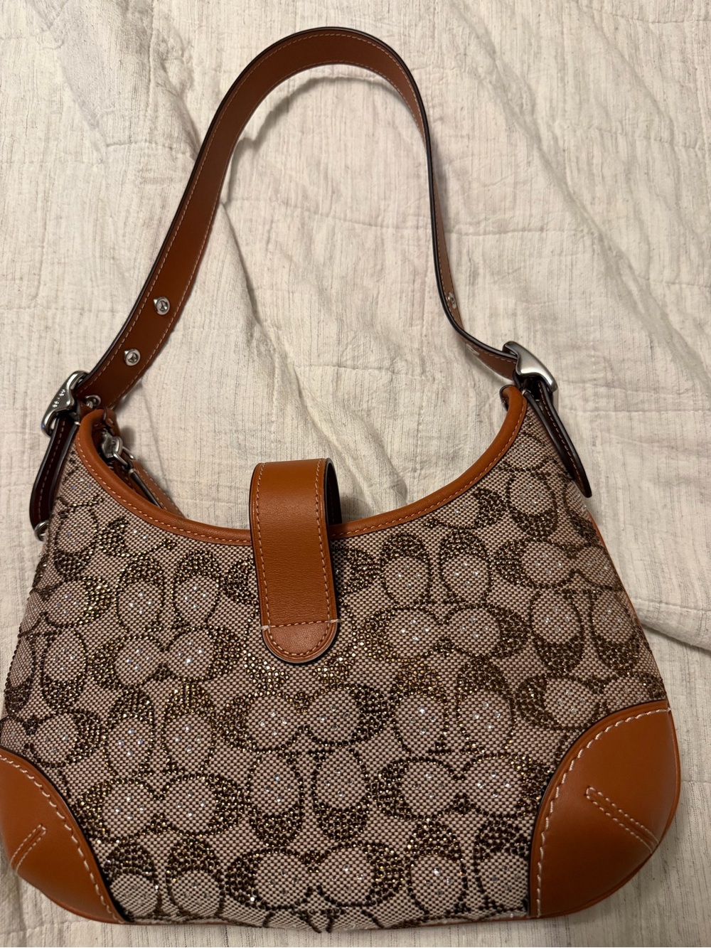Coach Brown Signature Canvas Shoulder Bag with Tan Leather Trim